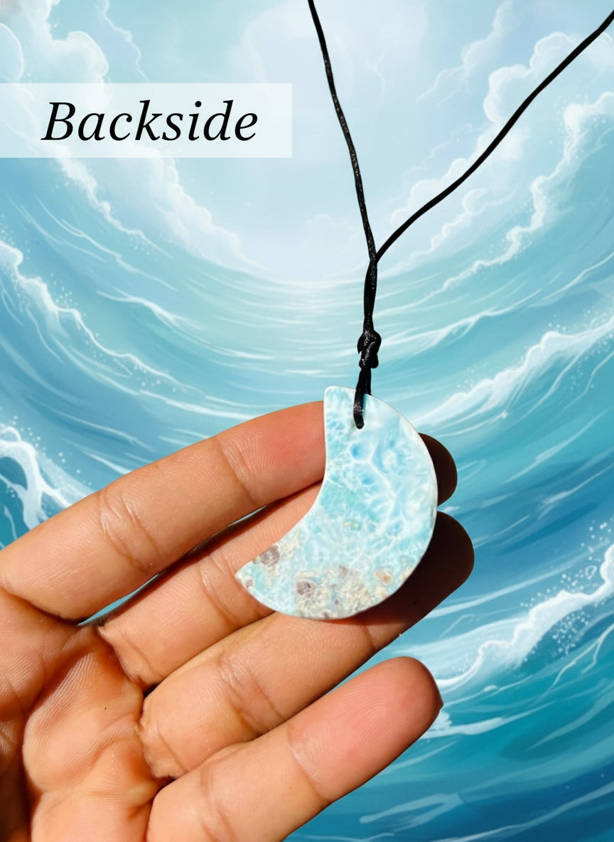 Larimar Moon Necklace – Unisex Adjustable Blue Crystal Pendant - Handmade in the Dominican Republic