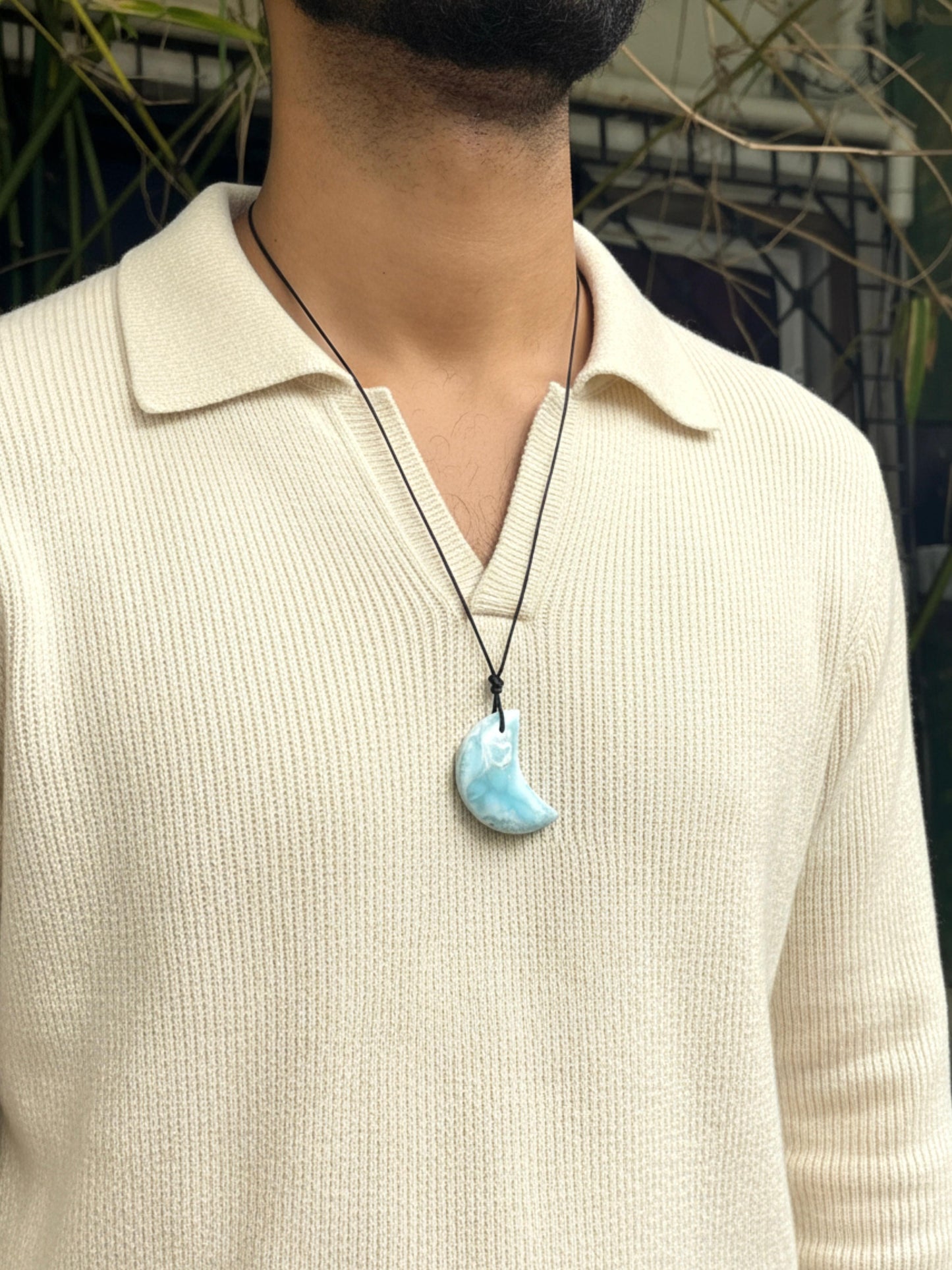 Larimar Moon Necklace – Unisex Adjustable Blue Crystal Pendant - Handmade in the Dominican Republic