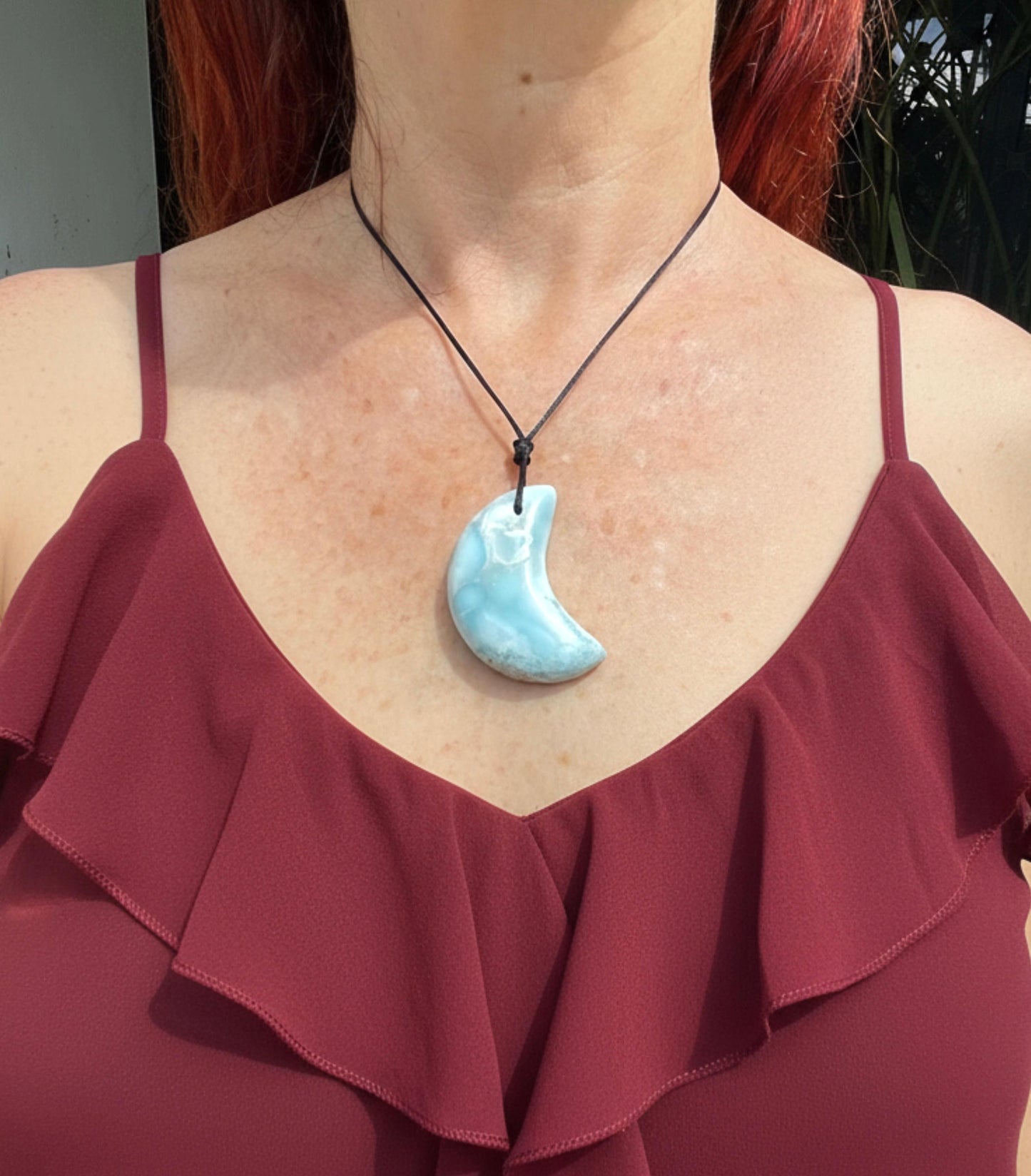 Larimar Moon Necklace – Unisex Adjustable Blue Crystal Pendant - Handmade in the Dominican Republic