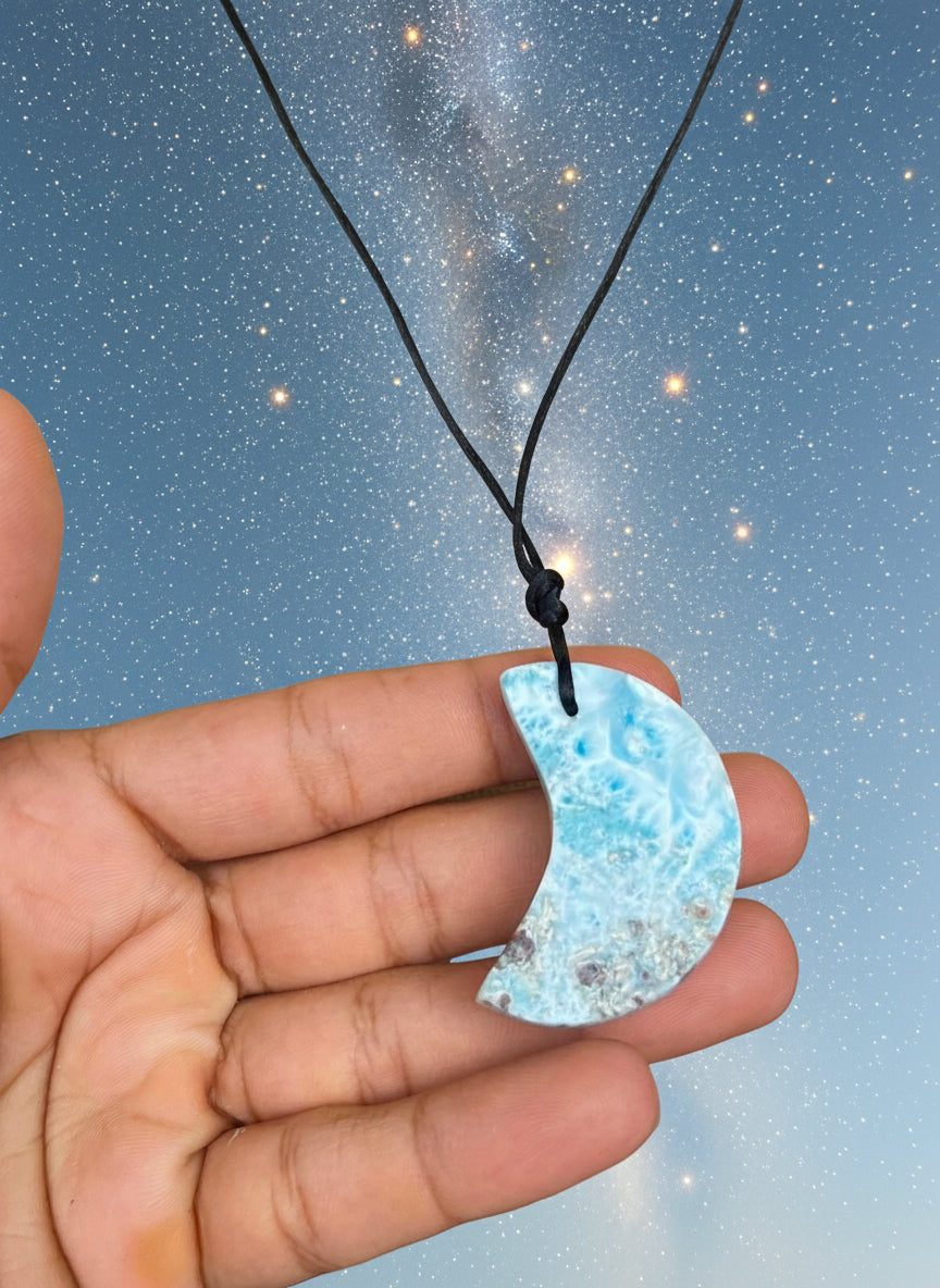 Larimar Moon Necklace – Unisex Adjustable Blue Crystal Pendant - Handmade in the Dominican Republic