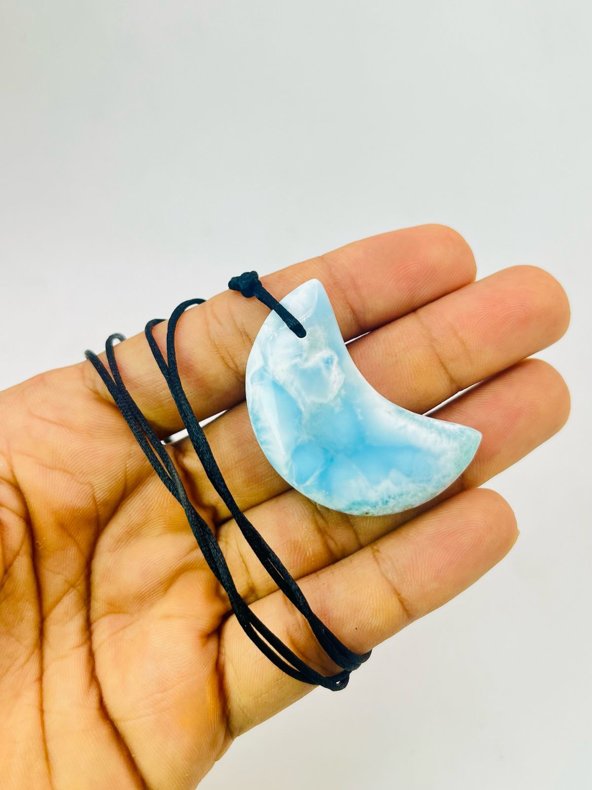 Larimar Moon Necklace – Unisex Adjustable Blue Crystal Pendant - Handmade in the Dominican Republic