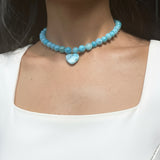 Larimar Choker Necklace With Heart • Genuine Larimar Beads 8–9mm • Exclusive Gift for Women