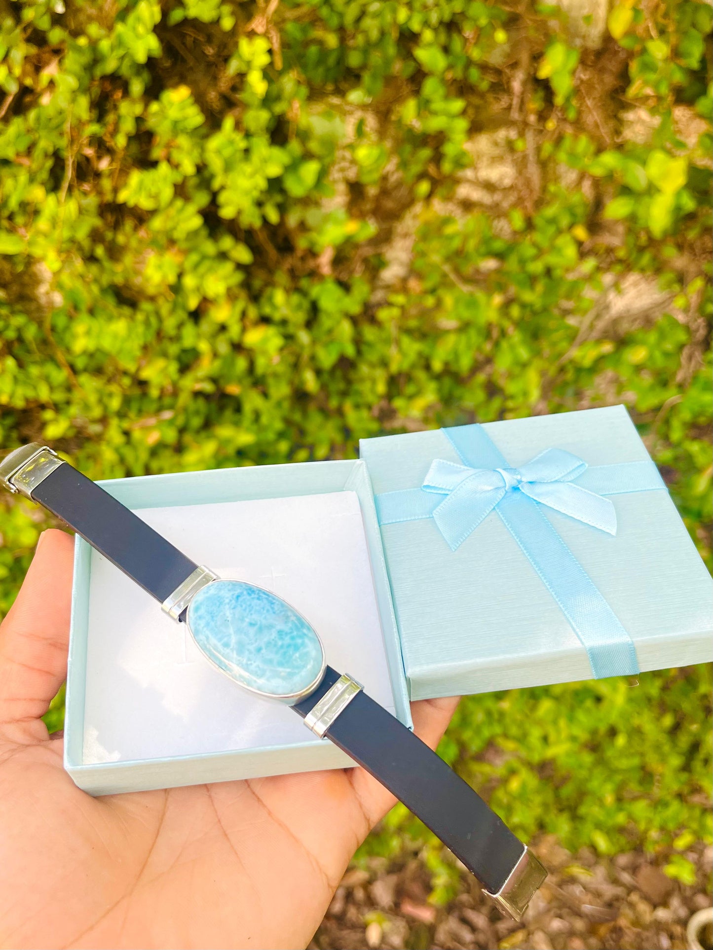 Pulsera de Larimar – Piedra azul natural con correa de acero inoxidable y caucho para hombres y mujeres