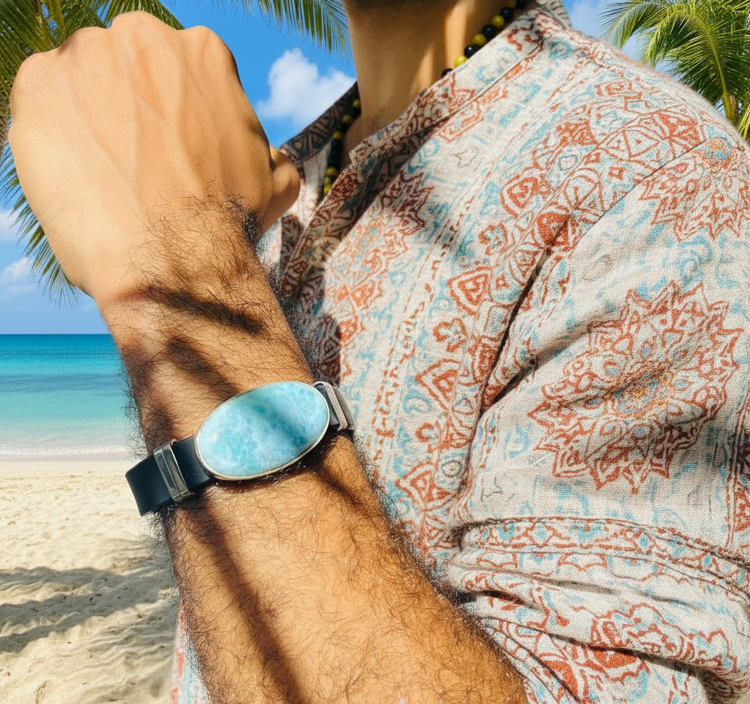 Pulsera de Larimar – Piedra azul natural con correa de acero inoxidable y caucho para hombres y mujeres