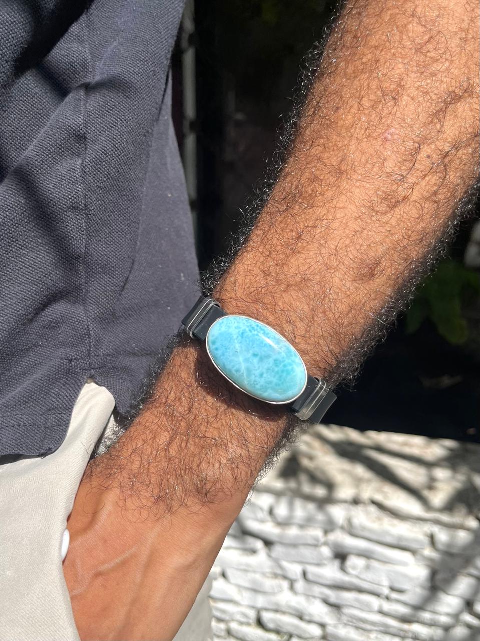 Pulsera de Larimar – Piedra azul natural con correa de acero inoxidable y caucho para hombres y mujeres