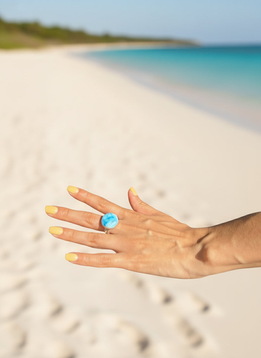 Larimar Adjustable Ring 925 Sterling Silver - Natural Dominican Blue Stone Ring for Women