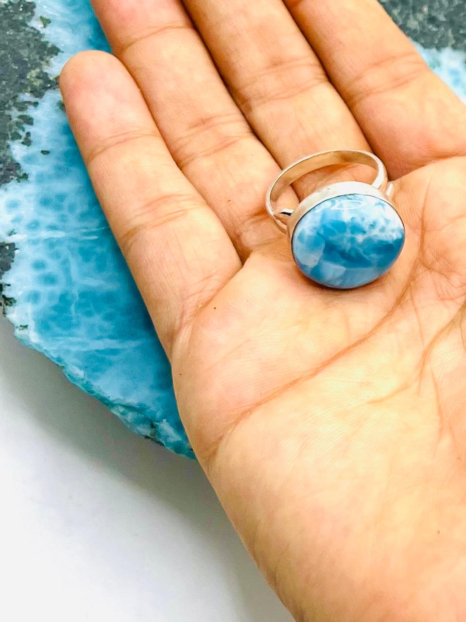 Larimar Adjustable Ring 925 Sterling Silver - Natural Dominican Blue Stone Ring for Women