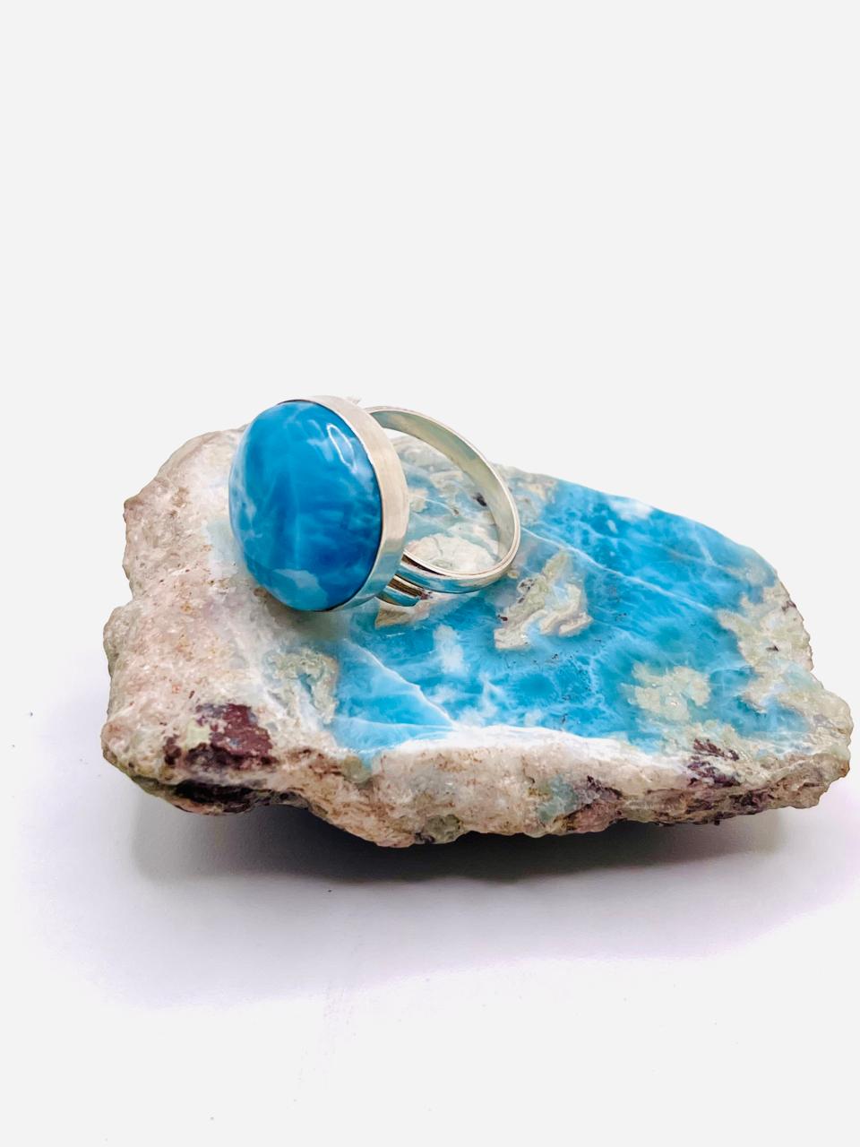 Larimar Adjustable Ring 925 Sterling Silver - Natural Dominican Blue Stone Ring for Women