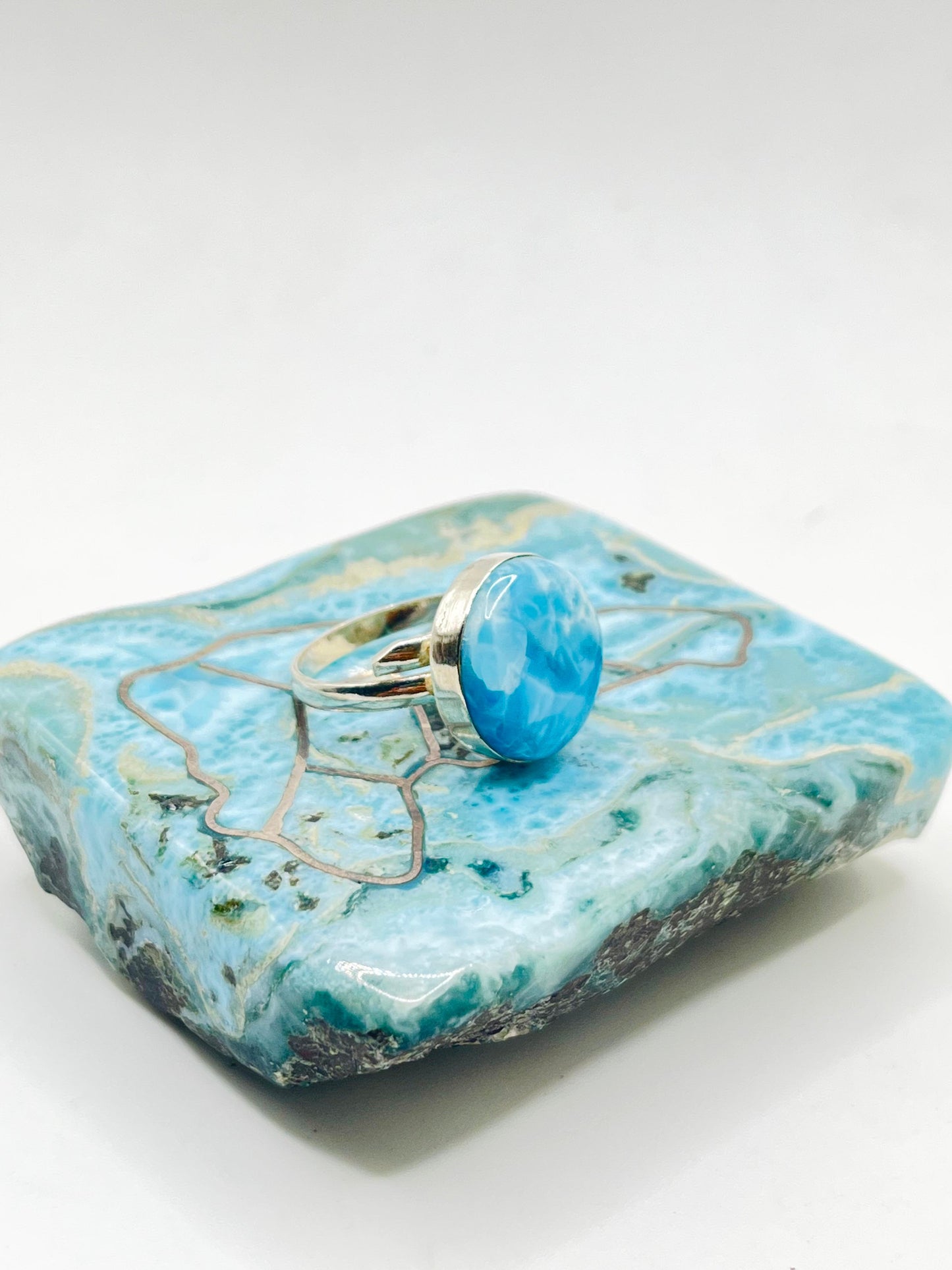 Larimar Adjustable Ring 925 Sterling Silver - Natural Dominican Blue Stone Ring for Women