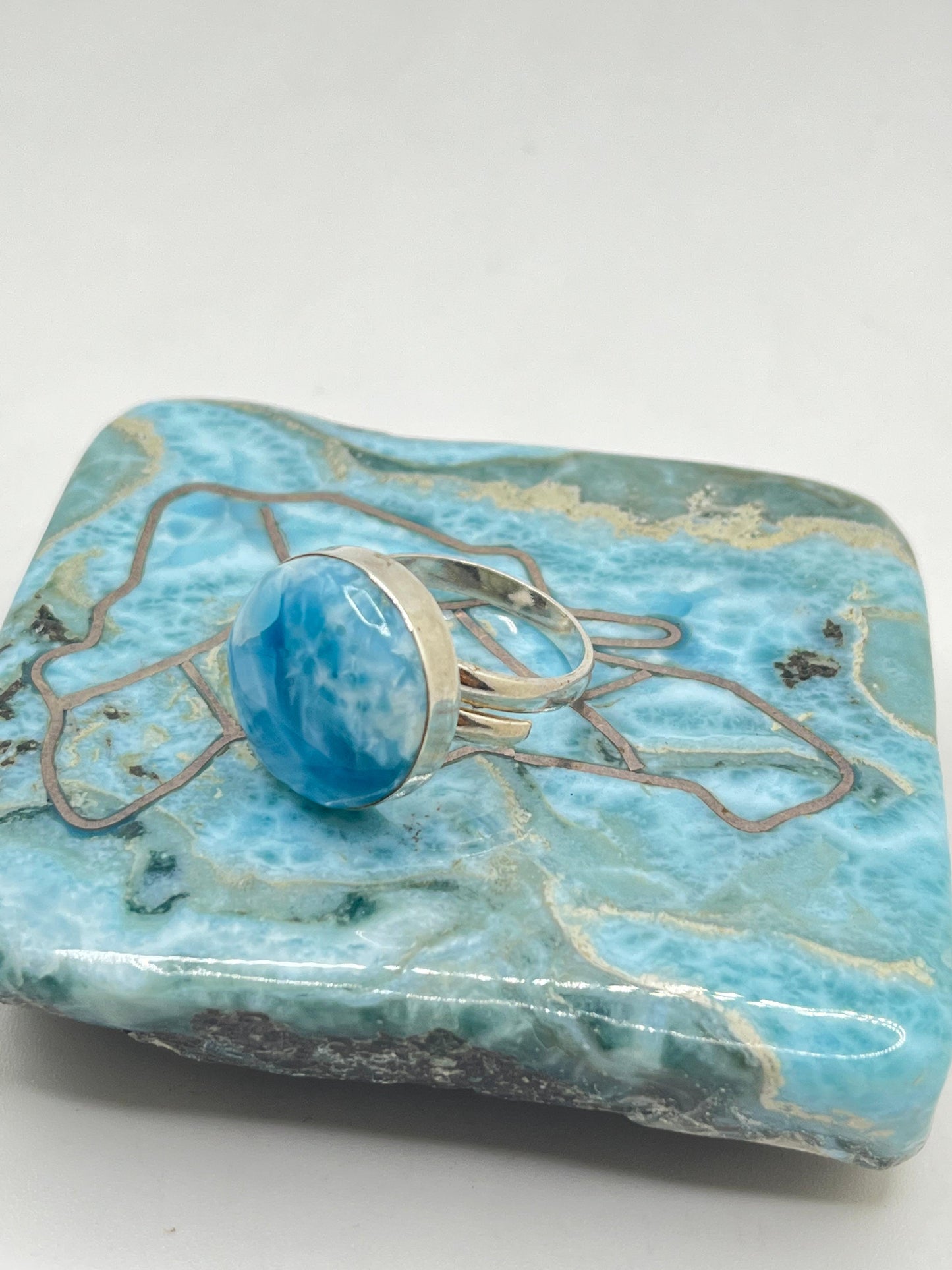 Larimar Adjustable Ring 925 Sterling Silver - Natural Dominican Blue Stone Ring for Women