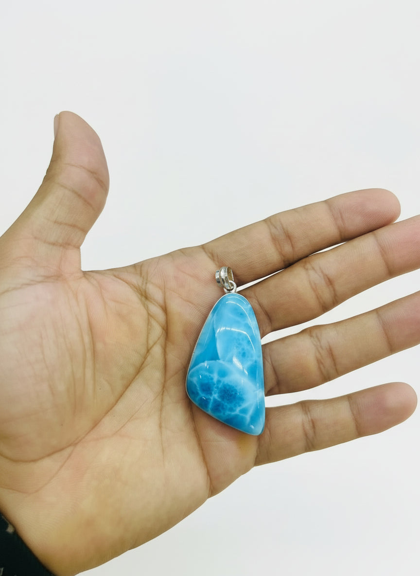 Larimar AAA Exclusive Deep Blue Azul Aqua Pendant, Fully Covered in 925 Sterling Silver