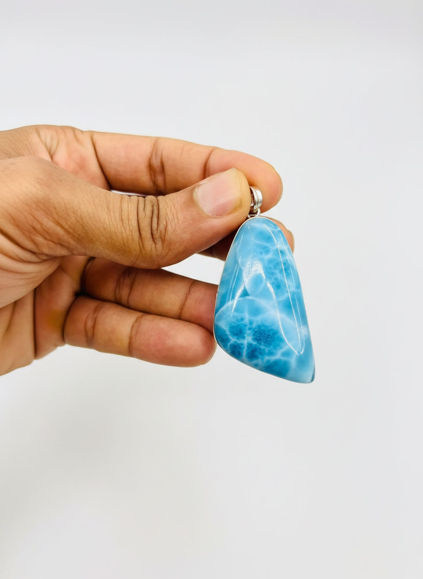 Larimar AAA Exclusive Deep Blue Azul Aqua Pendant, Fully Covered in 925 Sterling Silver