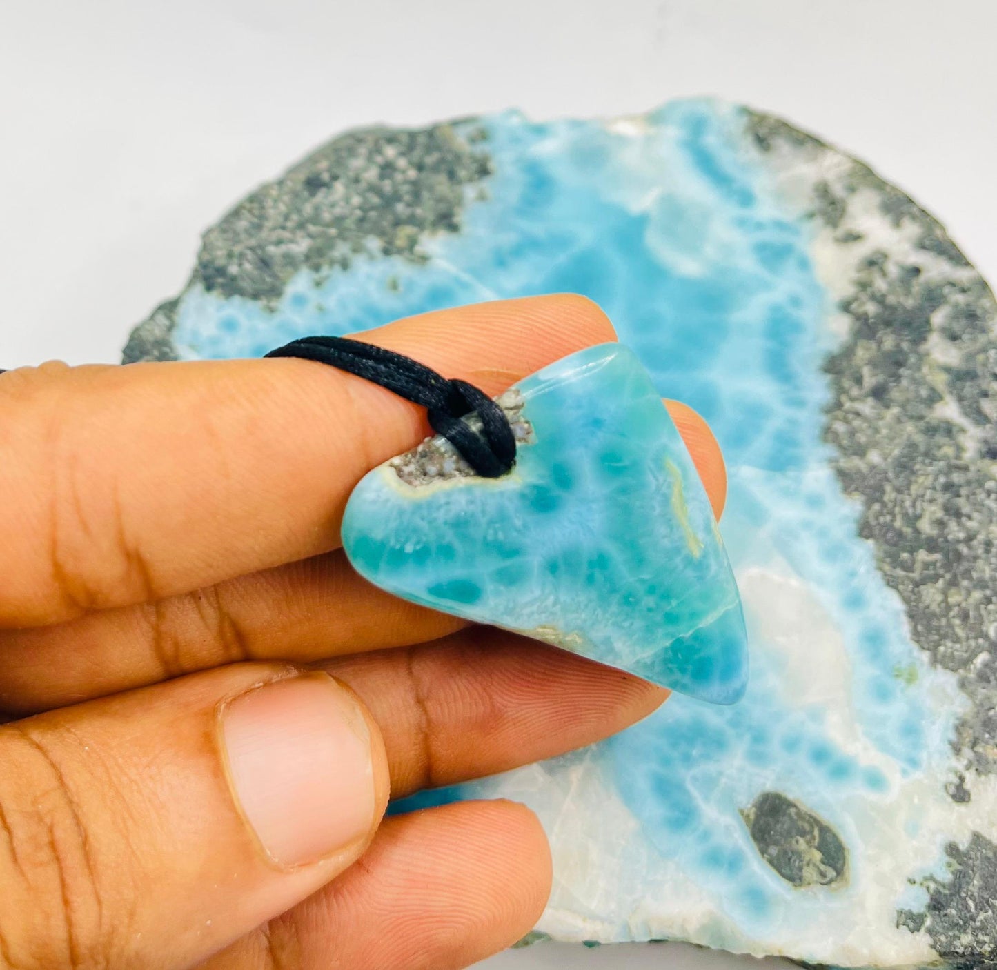 AAA Larimar Sliced Pendant Necklace – Dominican Blue Gemstone, Adjustable Rope for Men & Women