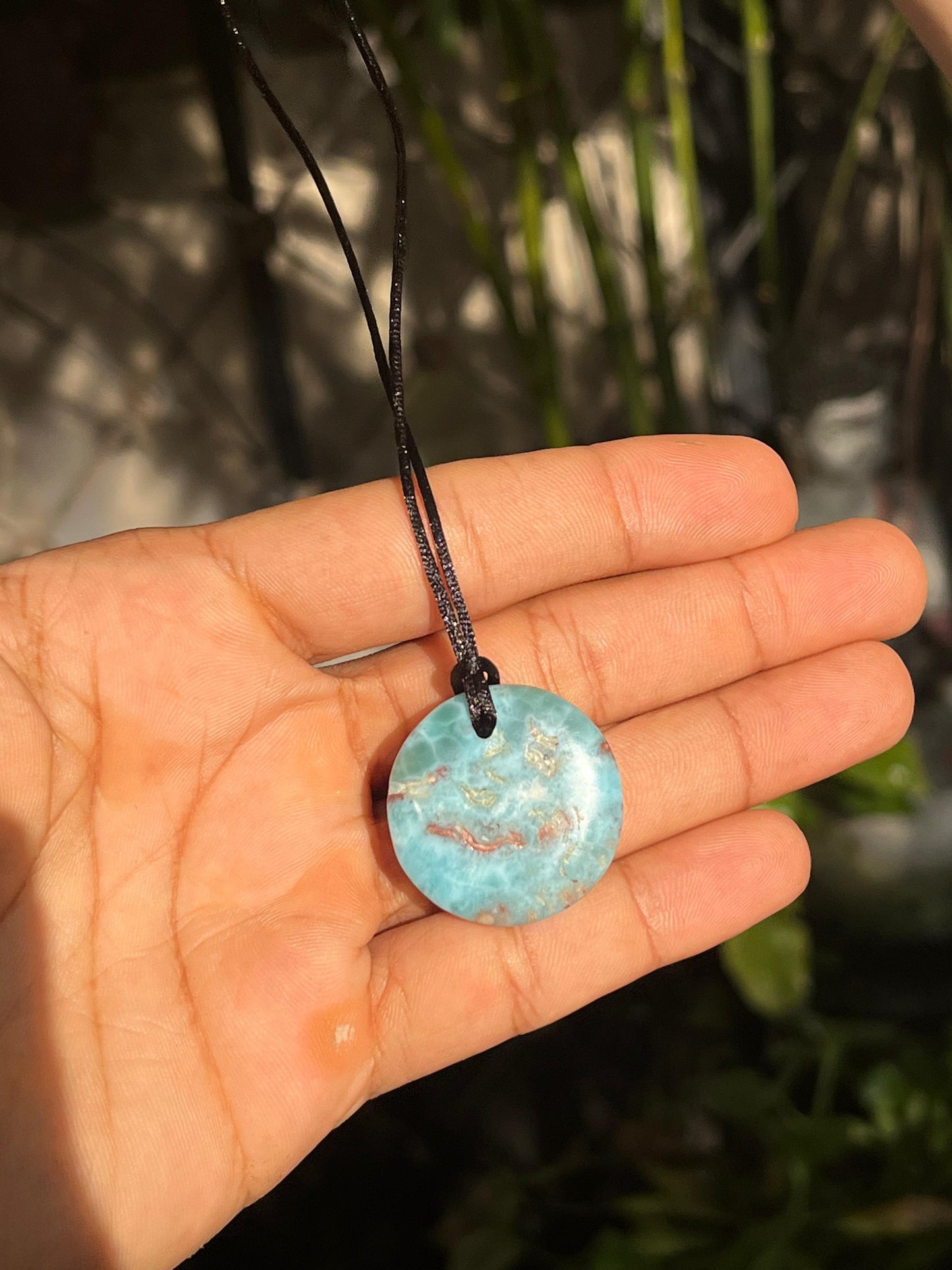 AAA Larimar Circle Pendant Necklace – Dominican Blue Gemstone, Adjustable Rope for Men & Women