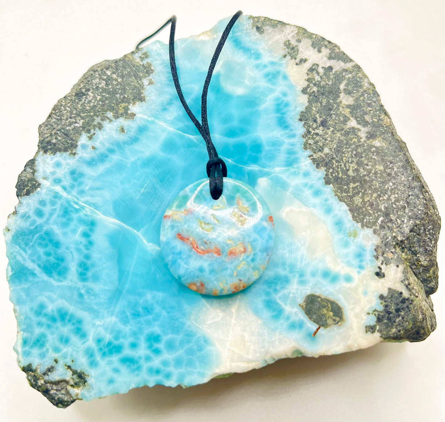 AAA Larimar Circle Pendant Necklace – Dominican Blue Gemstone, Adjustable Rope for Men & Women