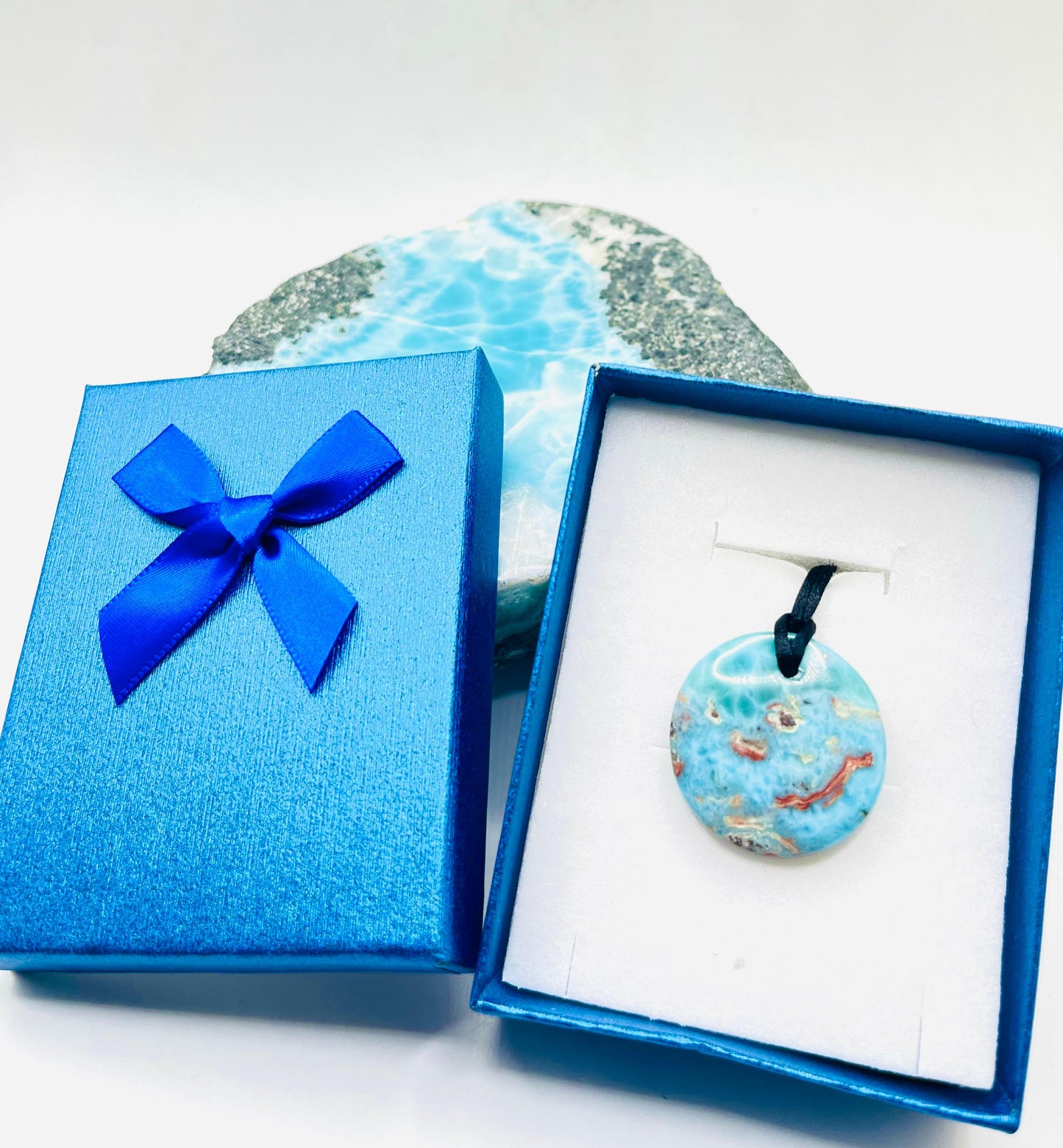 AAA Larimar Circle Pendant Necklace – Dominican Blue Gemstone, Adjustable Rope for Men & Women