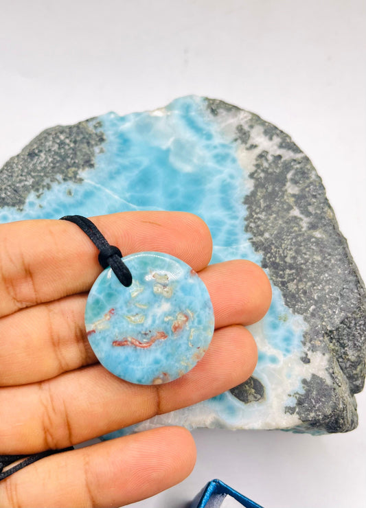 AAA Larimar Circle Pendant Necklace – Dominican Blue Gemstone, Adjustable Rope for Men & Women