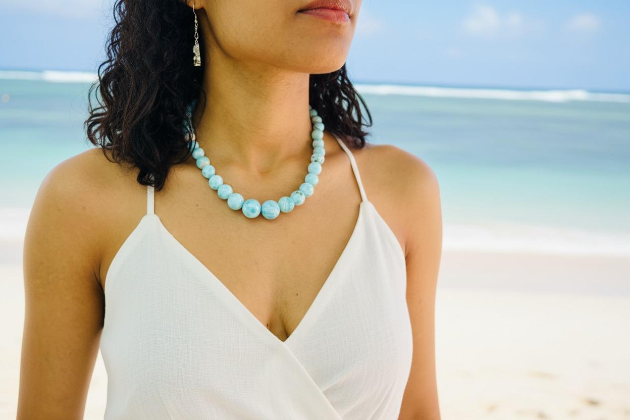 Larimar Bead Necklace in 925 Sterling Hook, Exclusive Jewelry Gift for Women