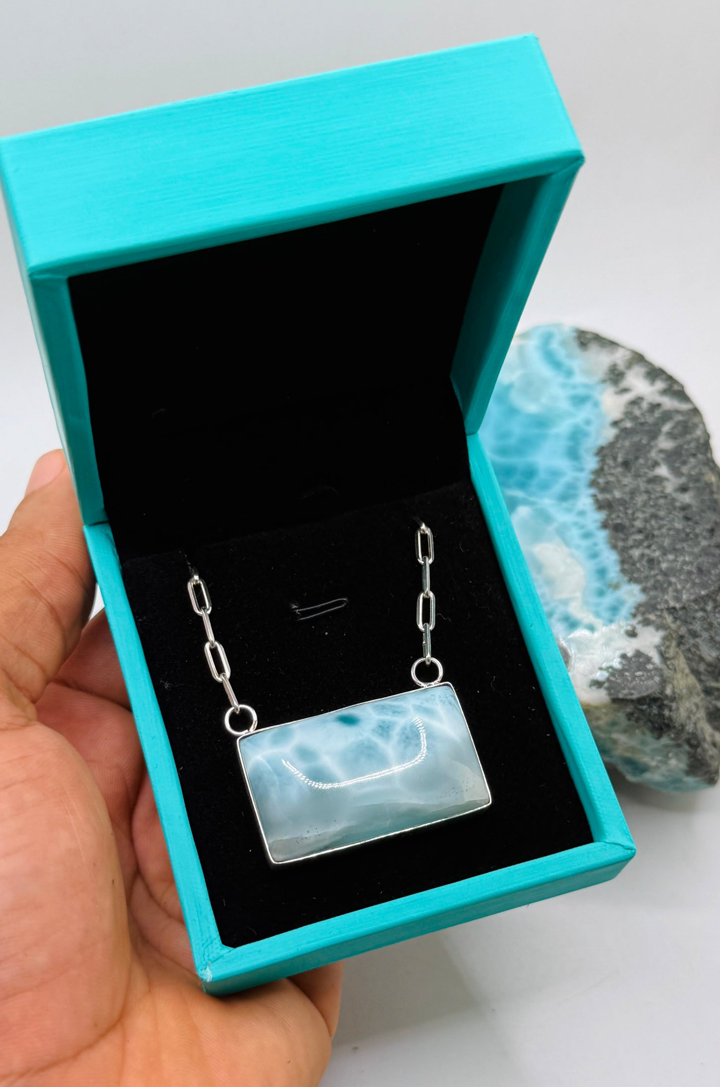 AAA Larimar Necklace, Exclusive Light Blue Dominican Gemstone Pendant With 925 Silver Chainlink, High End Gift for Women.