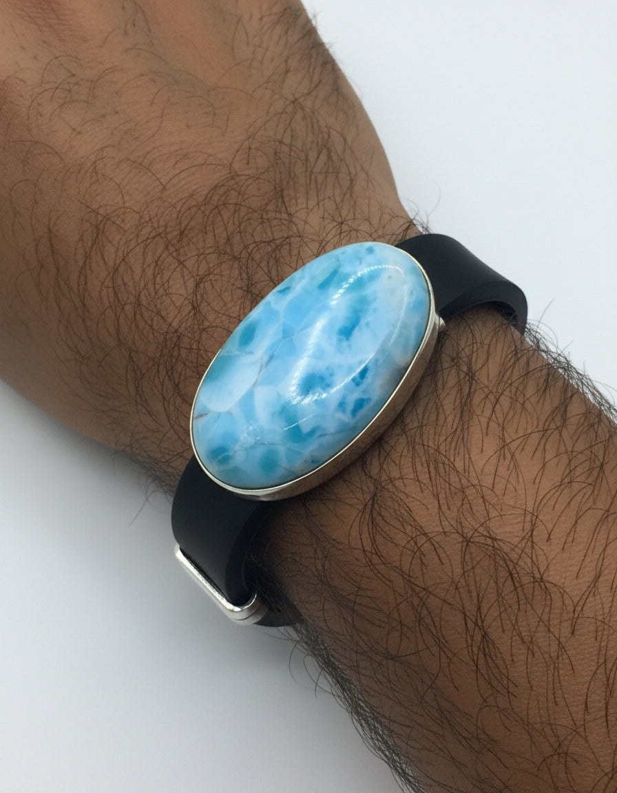 Pulsera de Larimar – Piedra azul natural con correa de acero inoxidable y caucho para hombres y mujeres