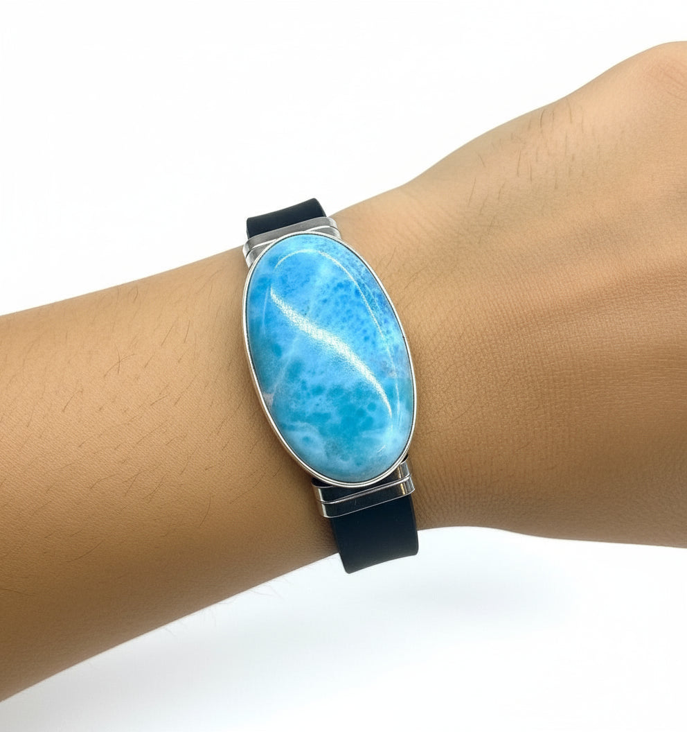Pulsera de Larimar – Piedra azul natural con correa de acero inoxidable y caucho para hombres y mujeres
