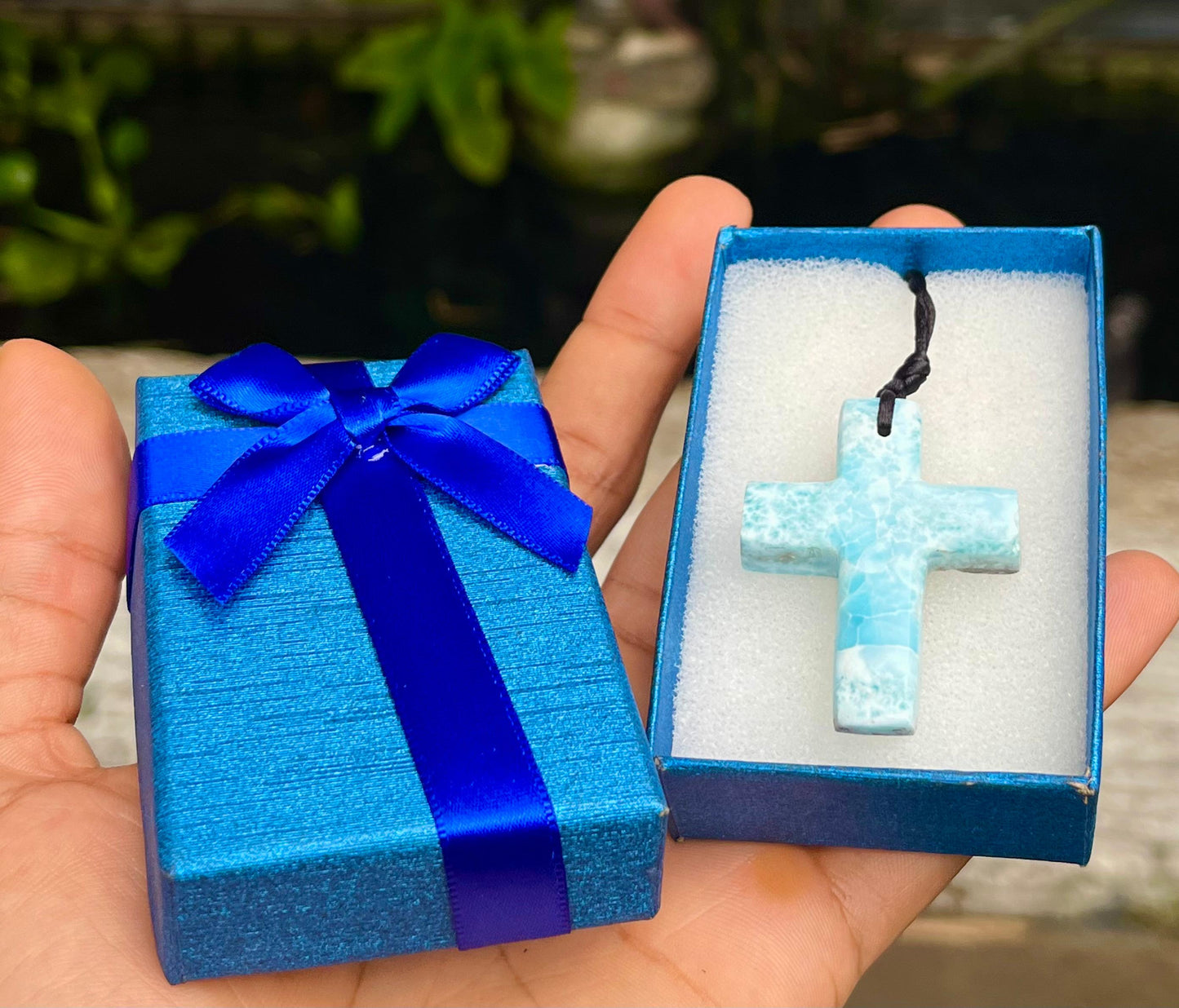 Larimar Stone Cross Necklace – Handmade in the Dominican Republic for Men and Women