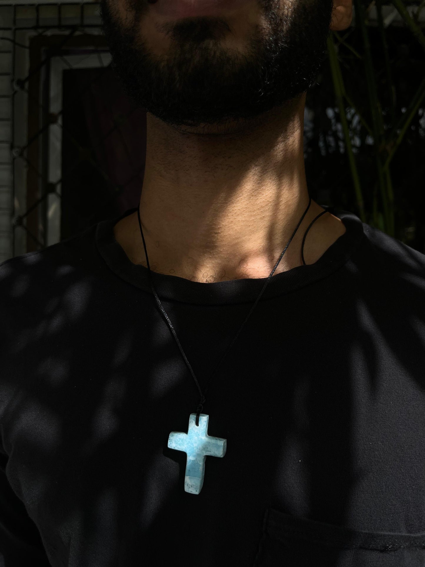 Larimar Stone Cross Necklace – Handmade in the Dominican Republic for Men and Women