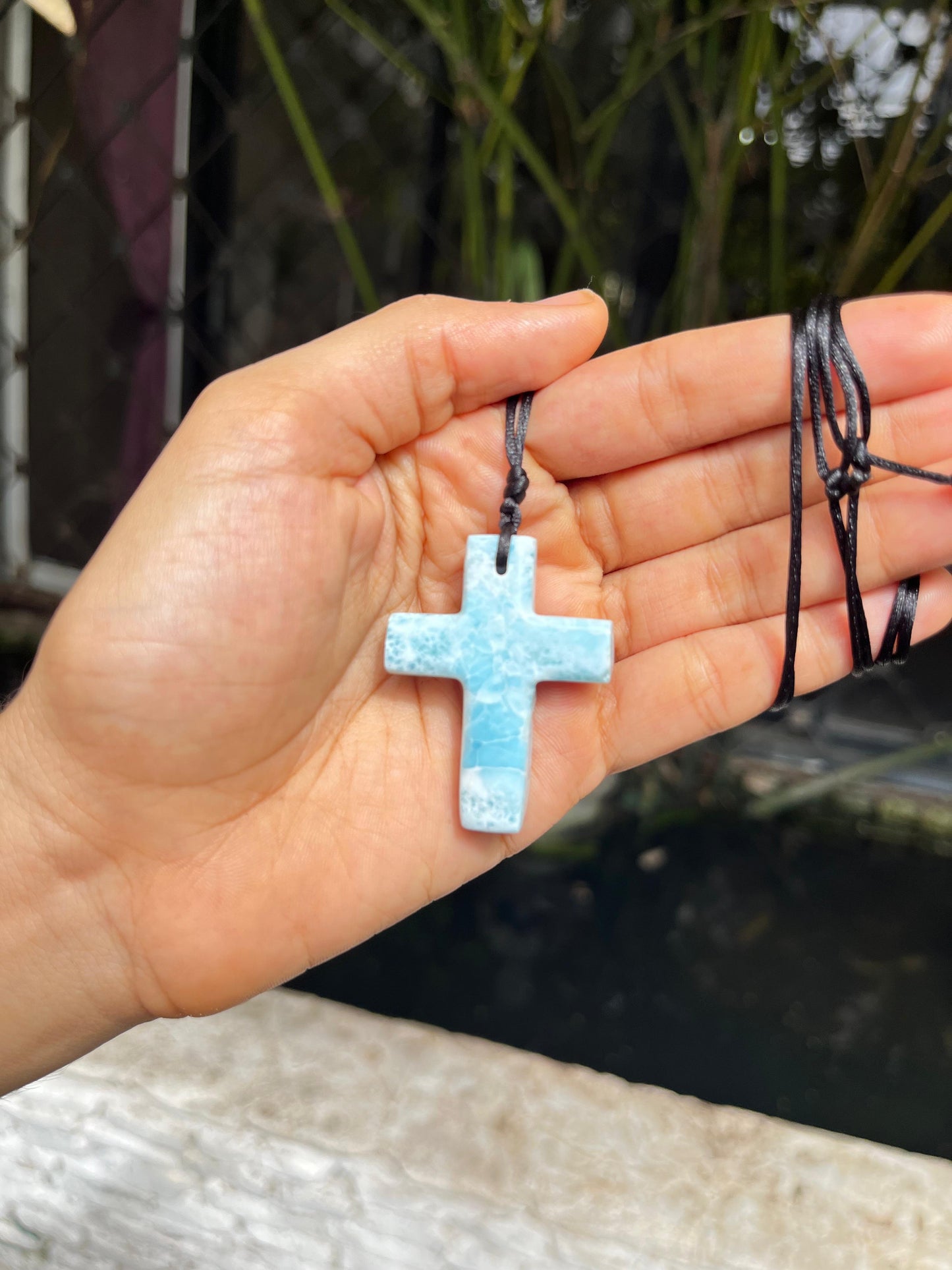 Larimar Stone Cross Necklace – Handmade in the Dominican Republic for Men and Women
