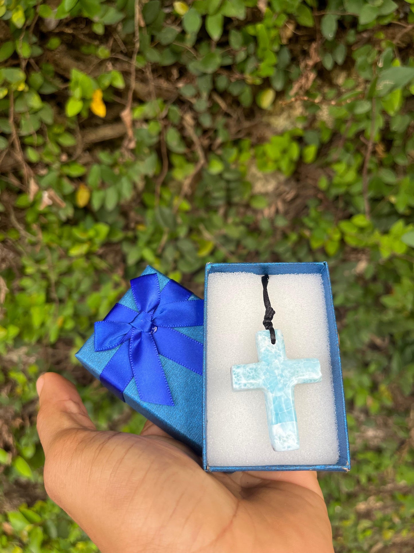 Larimar Stone Cross Necklace – Handmade in the Dominican Republic for Men and Women