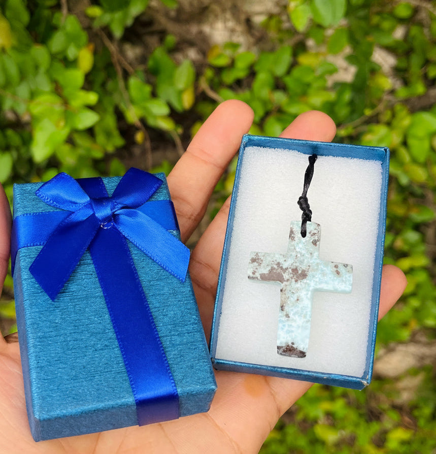 Larimar Stone Cross Necklace – Handmade in the Dominican Republic for Men and Women