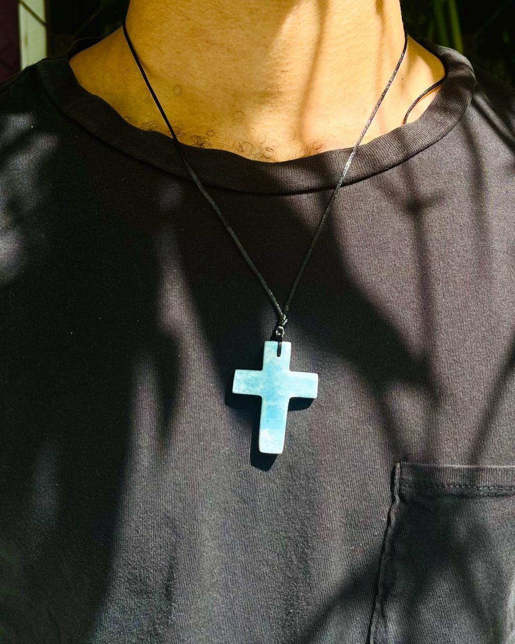 Larimar Stone Cross Necklace – Handmade in the Dominican Republic for Men and Women