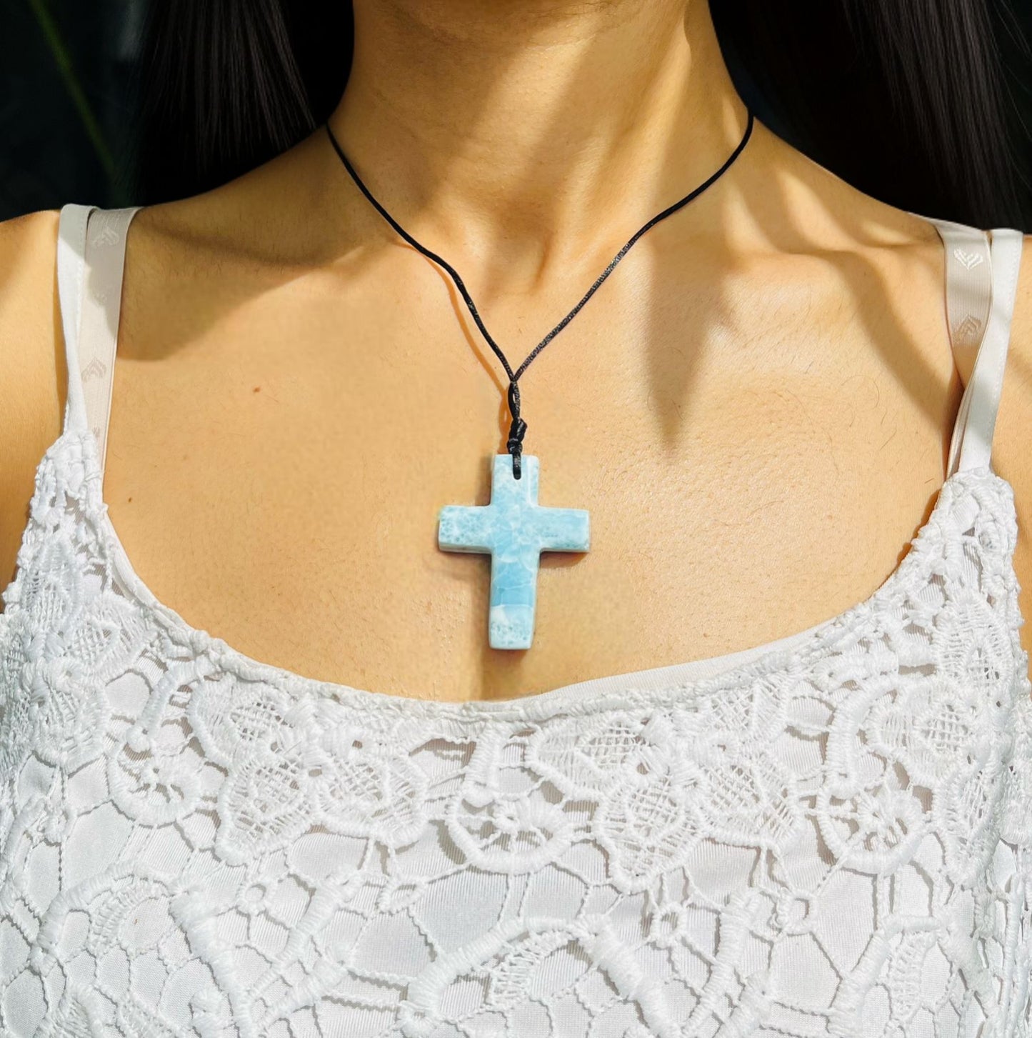 Larimar Stone Cross Necklace – Handmade in the Dominican Republic for Men and Women