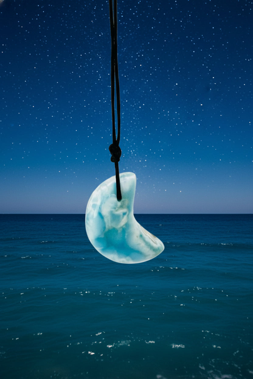 Larimar Moon Necklace – Unisex Adjustable Blue Crystal Pendant - Handmade in the Dominican Republic