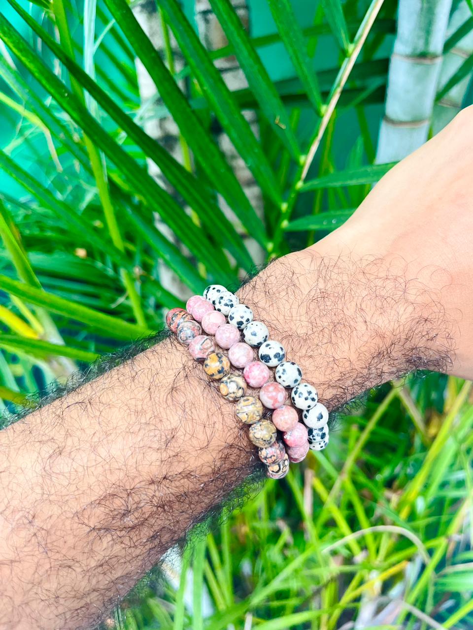 Gemstone Bracelet Set - Rhodonite Bracelet - Leopard Jasper Bracelet - Dalmatian Jasper Jewelry - Gift Box Set