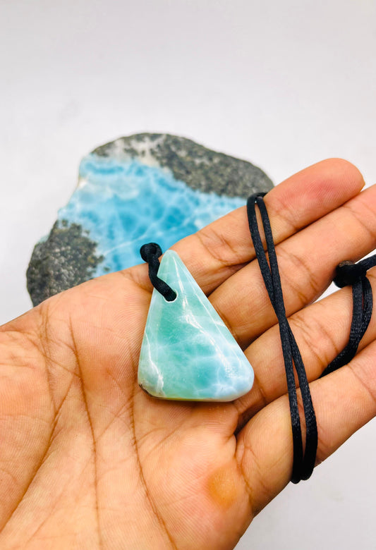 Larimar Stone Pendant Necklace – Dominican Blue Gemstone, Adjustable Rope for Men & Women