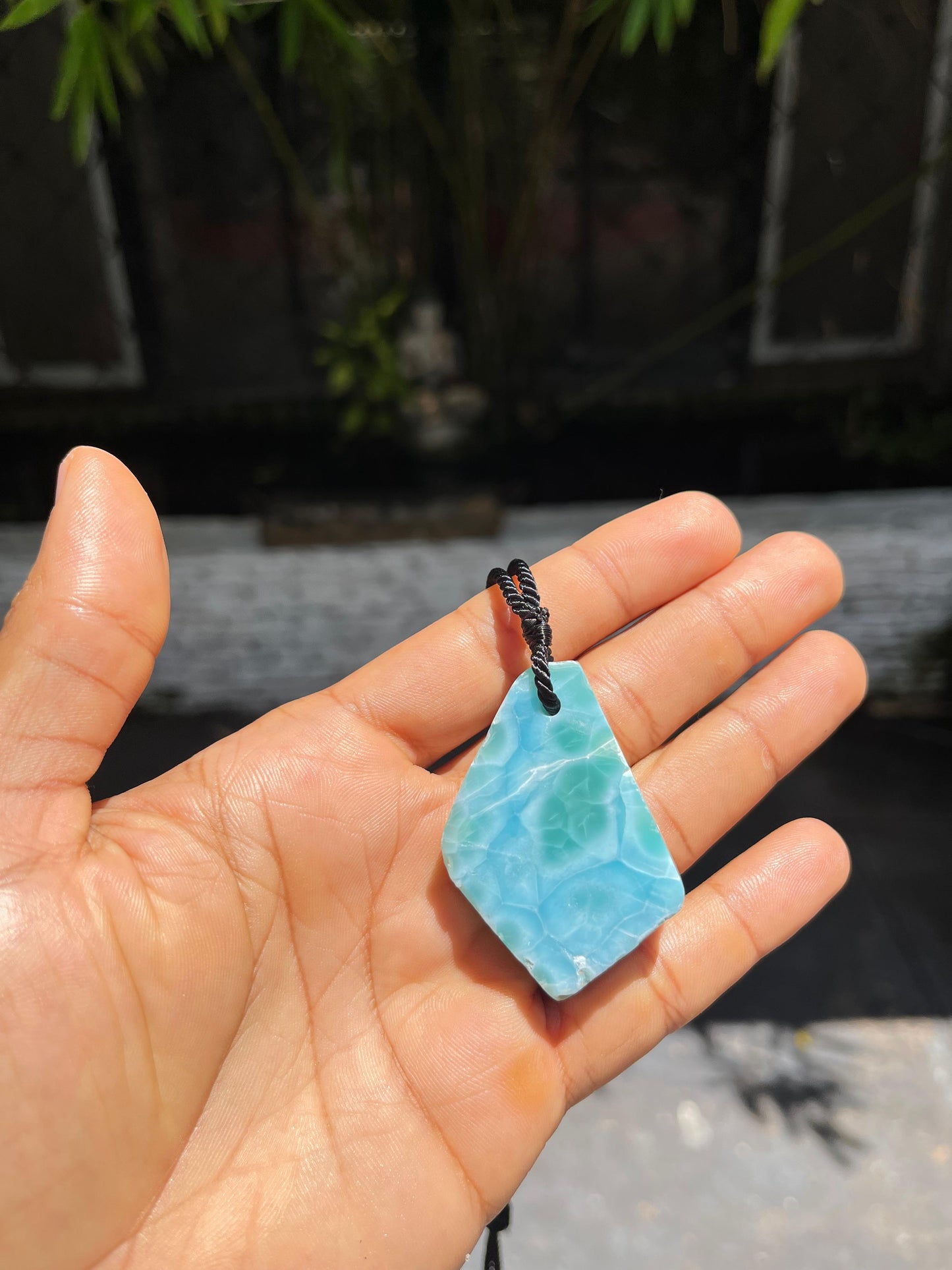 AAA Larimar Slab Necklace, Dominican Blue Crystal, Adjustable Black Cord for men & women