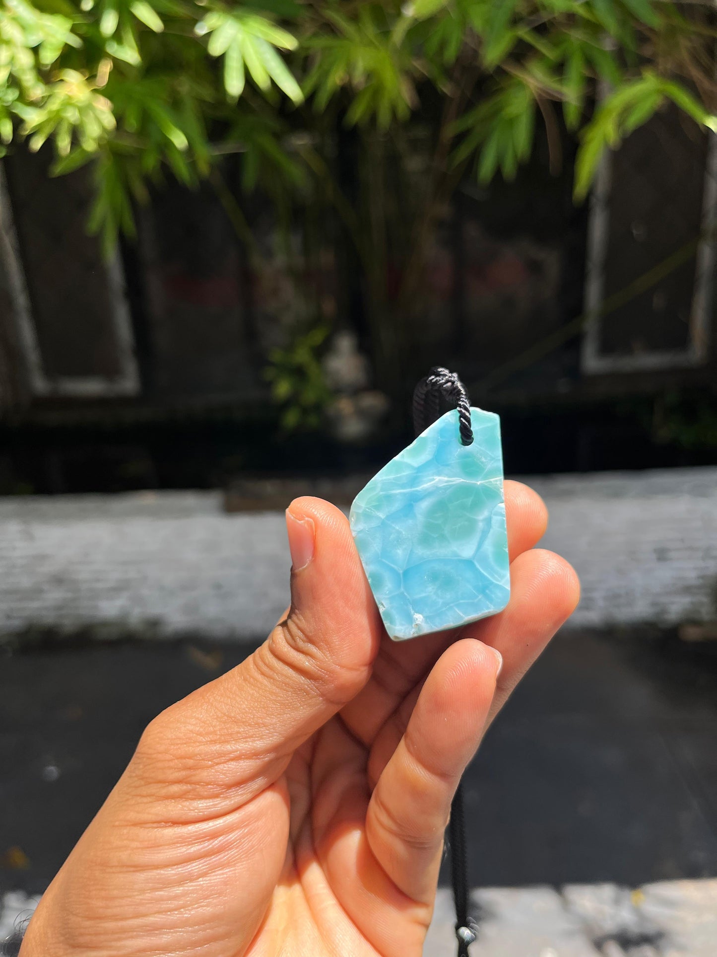 AAA Larimar Slab Necklace, Dominican Blue Crystal, Adjustable Black Cord for men & women