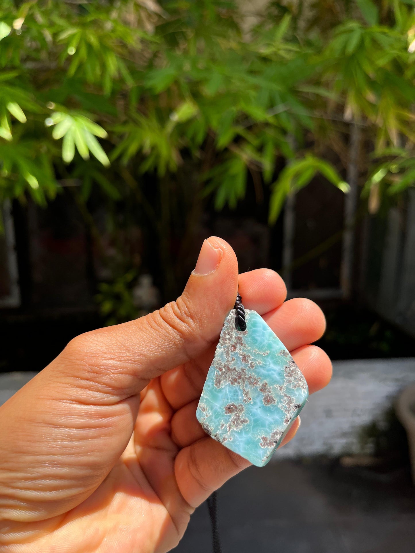 AAA Larimar Slab Necklace, Dominican Blue Crystal, Adjustable Black Cord for men & women