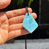AAA Larimar Slab Necklace, Dominican Blue Crystal, Adjustable Black Cord for men & women