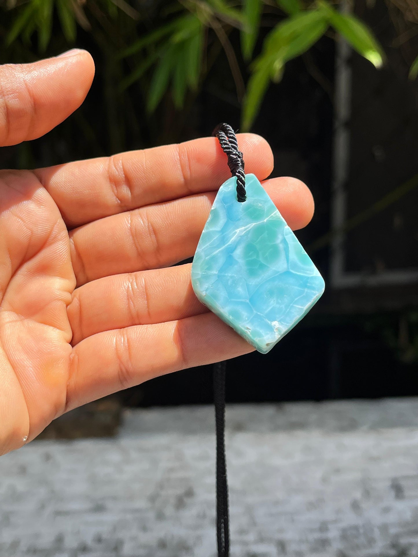AAA Larimar Slab Necklace, Dominican Blue Crystal, Adjustable Black Cord for men & women