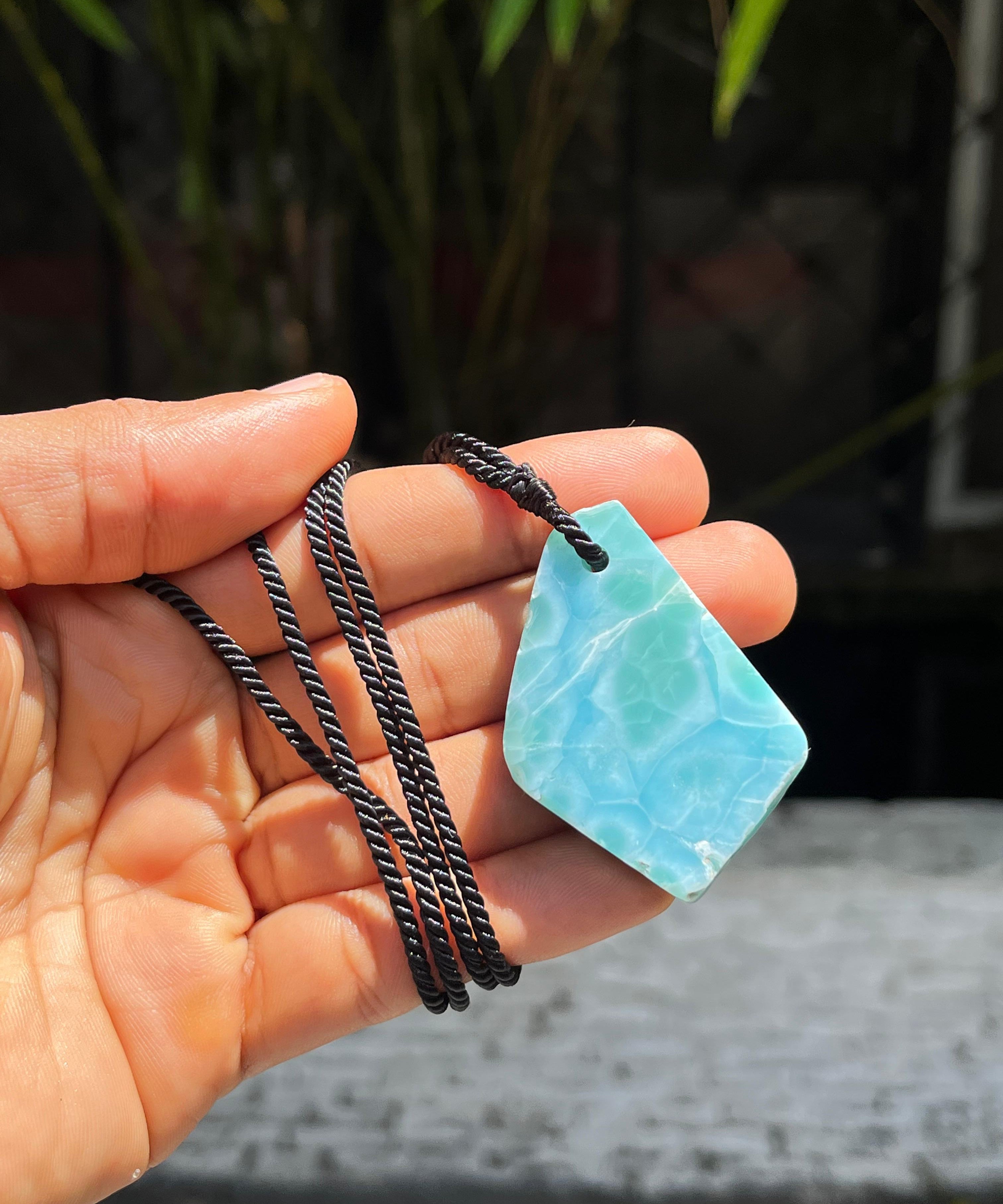 AAA Larimar Slab Necklace, Dominican Blue Crystal, Adjustable Black Cord for men & women