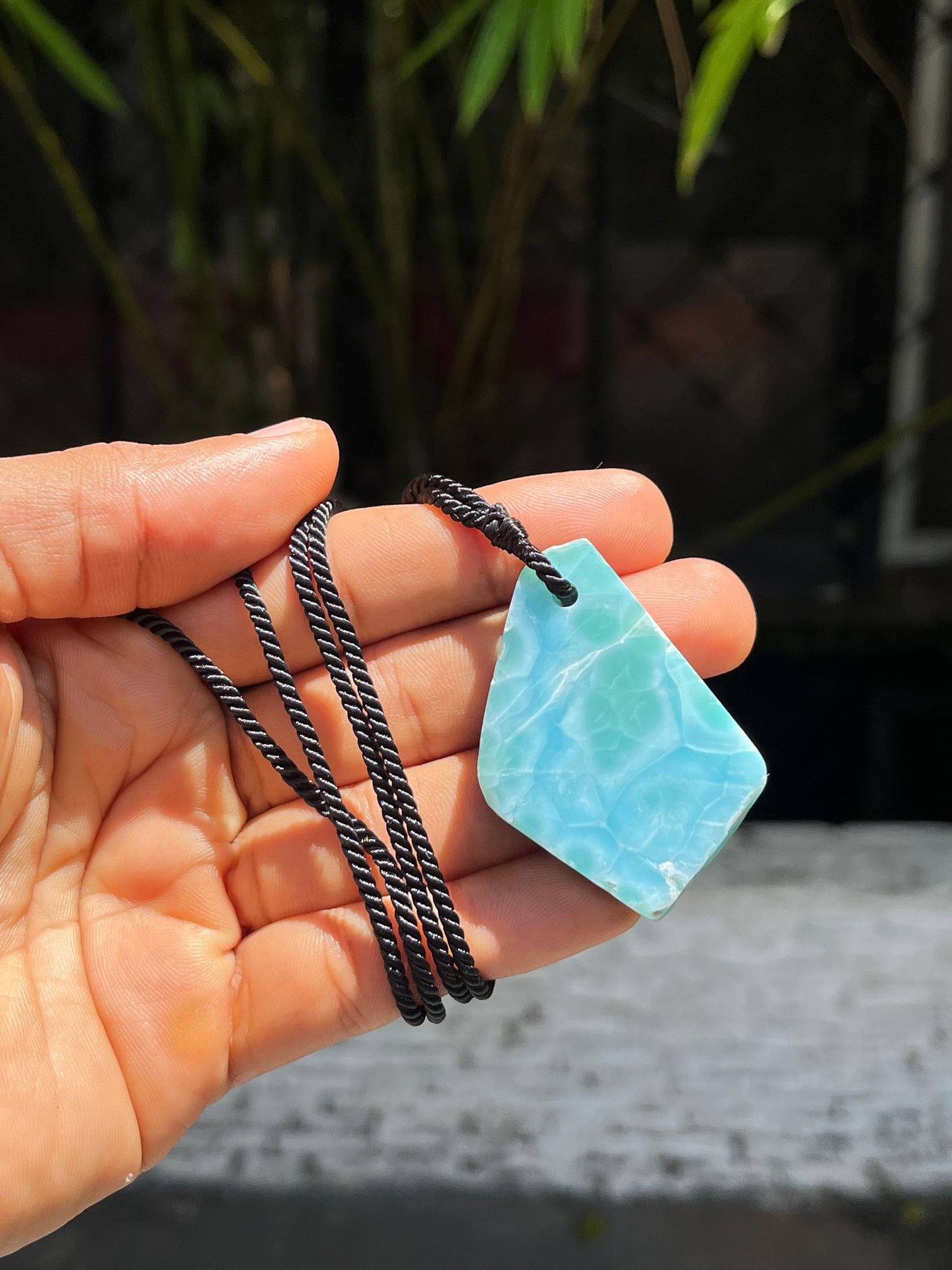 AAA Larimar Slab Necklace, Dominican Blue Crystal, Adjustable Black Cord for men & women