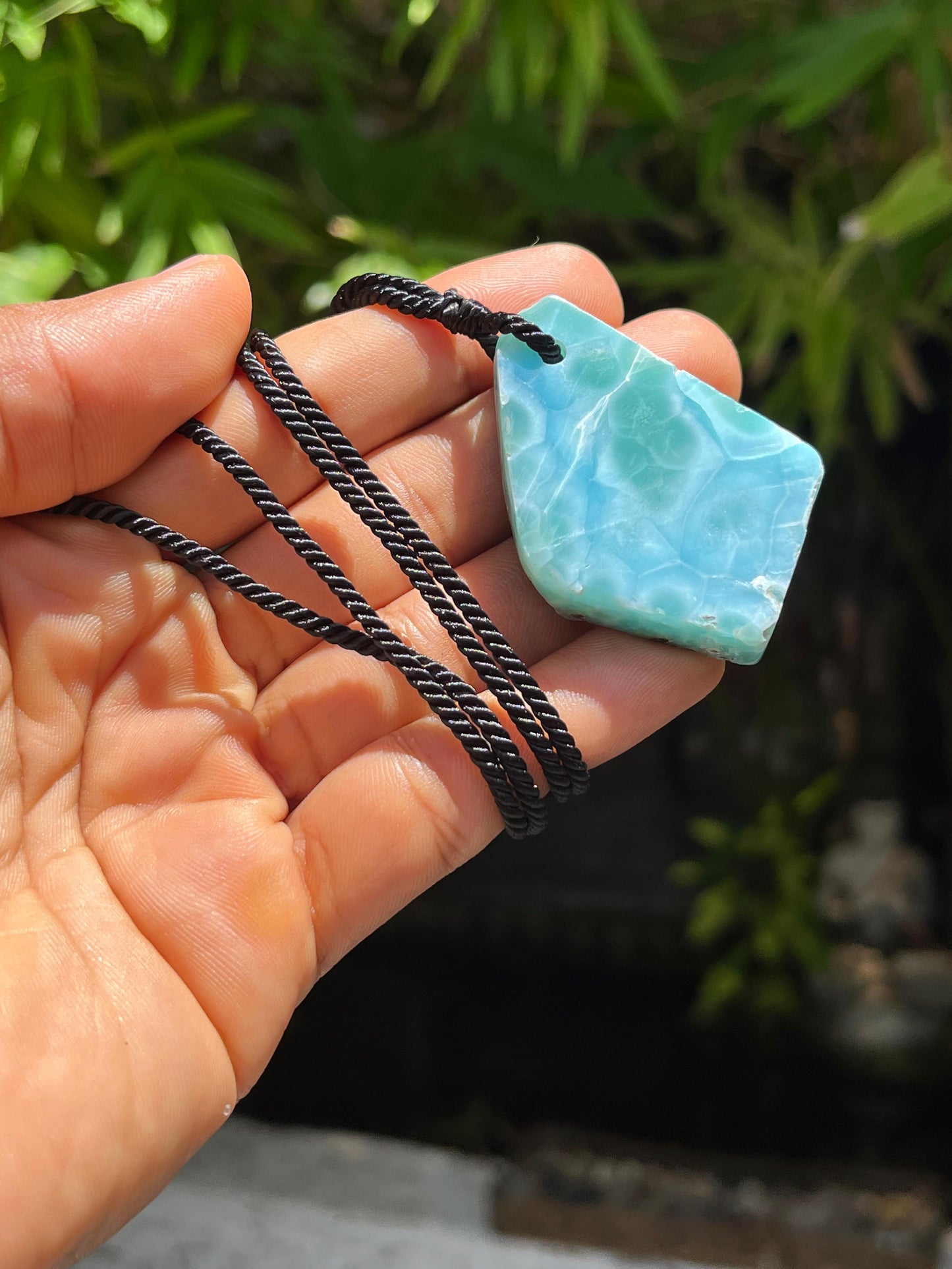 AAA Larimar Slab Necklace, Dominican Blue Crystal, Adjustable Black Cord for men & women