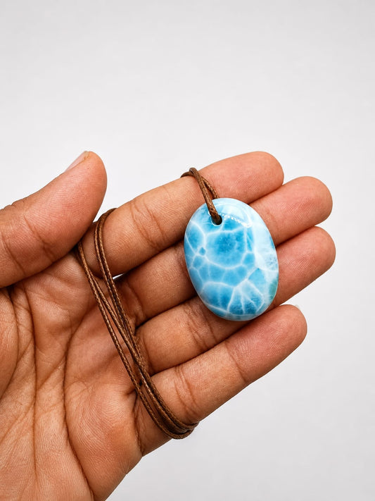 Larimar Necklace Polished– AAA Dominican Blue Stone Pendant on Adjustable Cord for Men & Women
