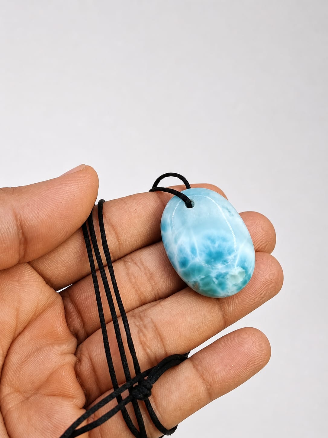 Larimar Necklace Polished– AAA Dominican Blue Stone Pendant on Adjustable Cord for Men & Women