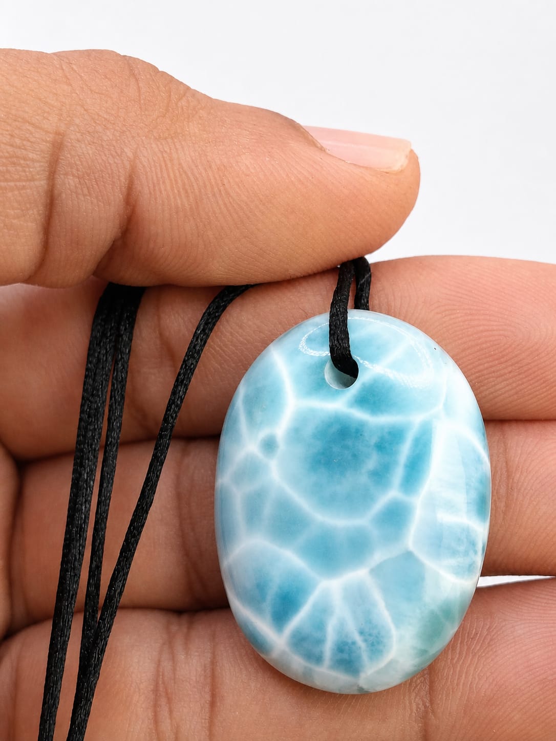 Larimar Necklace Polished– AAA Dominican Blue Stone Pendant on Adjustable Cord for Men & Women