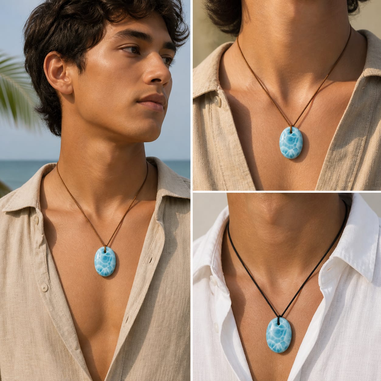 Larimar Necklace Polished– AAA Dominican Blue Stone Pendant on Adjustable Cord for Men & Women
