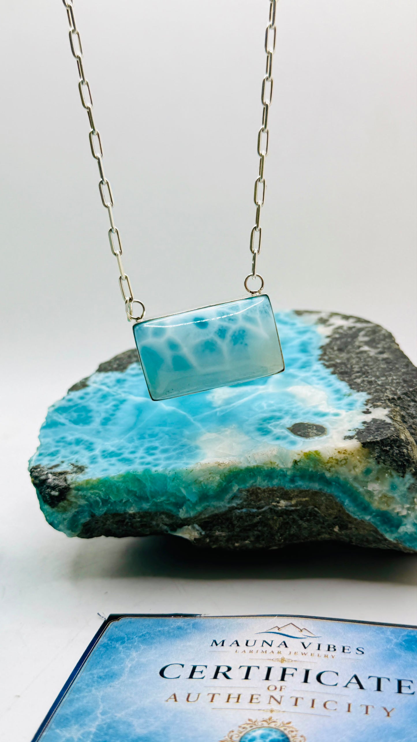 AAA Larimar Necklace, Exclusive Light Blue Dominican Gemstone Pendant With 925 Silver Chainlink, High End Gift for Women.