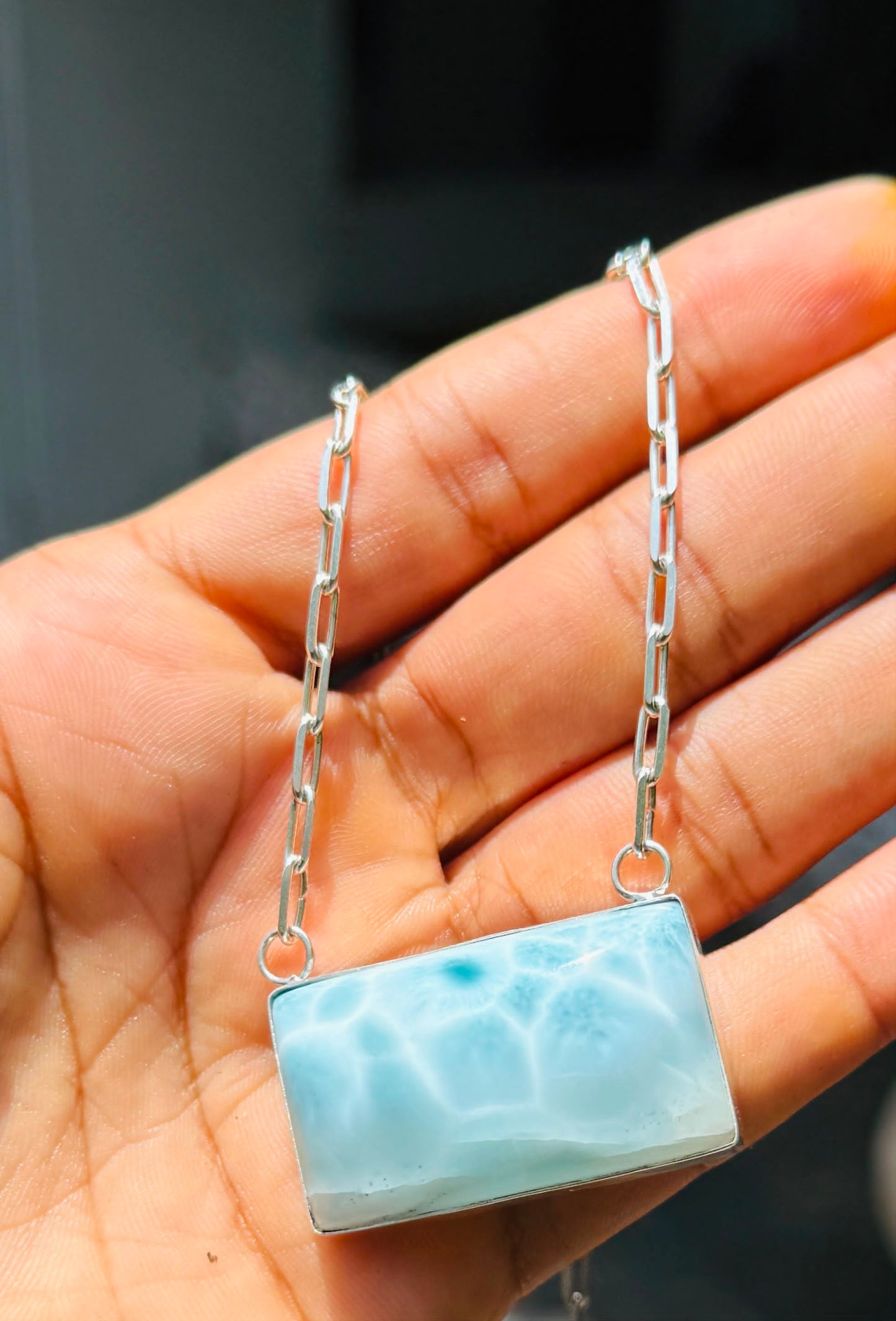 AAA Larimar Necklace, Exclusive Light Blue Dominican Gemstone Pendant With 925 Silver Chainlink, High End Gift for Women.