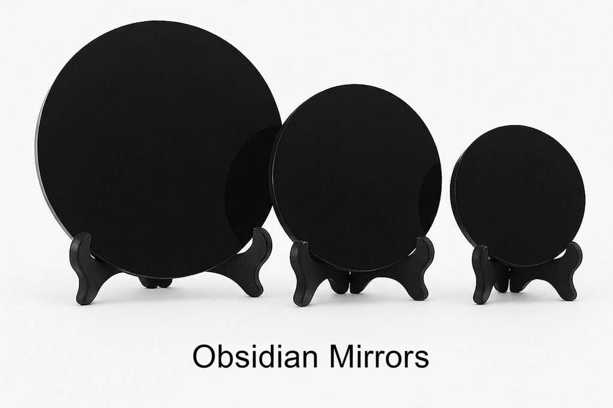 Three black circular objects on stands against a white background